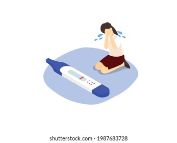 Infertility isometric vector concept. Sad woman having infertility and crying while looking at a negative pregnancy test