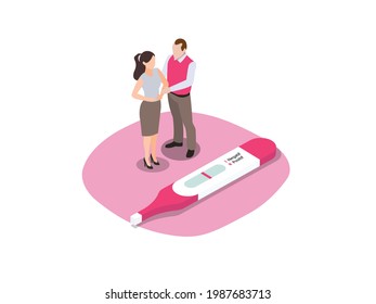 Infertility isometric vector concept. Worried woman and husband having infertility with a negative pregnant test