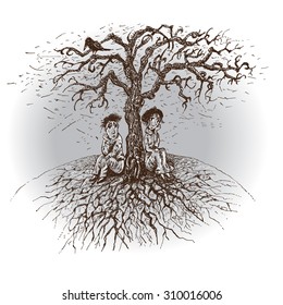 Infertility. A married couple sit at the dried fruitless tree. The illustration symbolizes impossibility to have children.