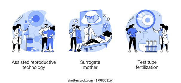 Infertility procedures abstract concept vector illustration set. Assisted reproductive technology, surrogate mother, test tube fertilization, pregnant woman, artificial insemination abstract metaphor.