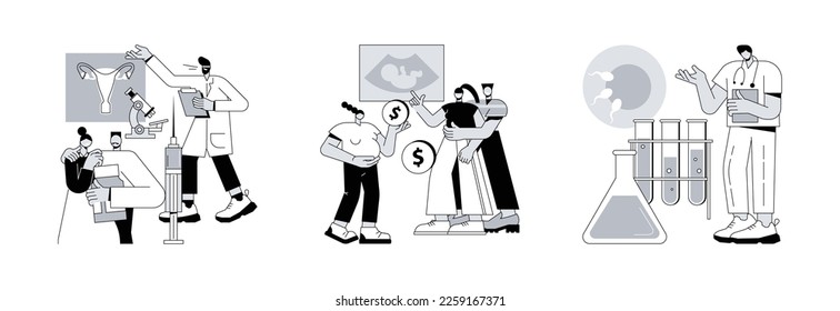 Infertility procedures abstract concept vector illustration set. Assisted reproductive technology, surrogate mother, test tube fertilization, pregnant woman, artificial insemination abstract metaphor.