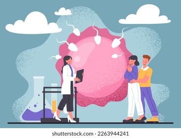 Infertility treatment concept. Man and woman came to specialist, young family wants child. Sperm and egg, pregnancy. Parenthood and infertility treatment. Cartoon flat vector illustration