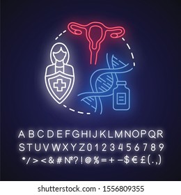 Infertility treatments neon light concept icon. Women health idea. Reproductive system, pregnancy, gynecology. Glowing sign with alphabet, numbers and symbols. Vector isolated illustration