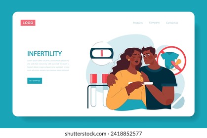 Infertility web or landing. Distraught couple facing infertility challenges, negative pregnancy test result, dream of baby fading. Overcoming reproductive obstacles. Flat vector illustration