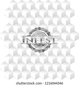 Infest grey emblem with geometric cube white background