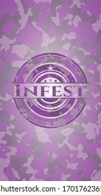 Infest pink camouflaged emblem. Vector Illustration. Detailed.