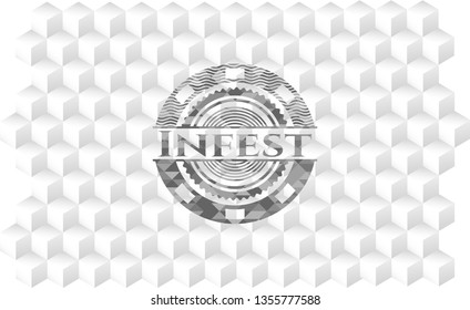 Infest realistic grey emblem with cube white background