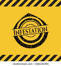 Infestation black grunge emblem inside yellow warning sign. Vector Illustration. Detailed.