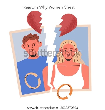 Infidelity concept. Broken heart and torn photo illustrate distress in a relationship, delving into the complexities behind unfaithfulness. Vector illustration.