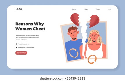 Infidelity concept. An illustration portraying relationship issues with a broken heart symbolizing a woman's reasons for cheating. Vector illustration.