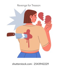 Ilustração do conceito de infidelidade. Uma metáfora visual de desgosto e traição, com uma mulher com uma faca nas costas.