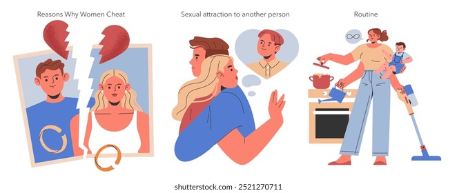 Infidelity concept set. Exploring dynamics in relationships leading to betrayal. Broken trust, allure to others, life monotony. Vector illustrations.