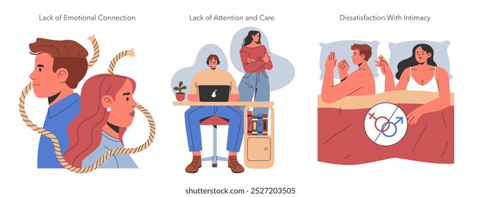 Infidelity concept set showcasing emotional disconnect, neglect, and intimacy issues in relationships. Evocative scenes of couple's challenges. Vector illustration.