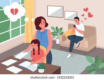 Infidelity Flat Color Vector Illustration. Cheating Husband. Wife Worry About Spouse. Child Doing Homework. Relationship Problem. Family 2D Cartoon Characters With Home Interior On Background