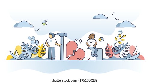 Infidelity and heart broken relationship cheating problem outline concept. Marriage divorce after betrayal romance and affair with different woman vector illustration. Separation and breakup crisis.