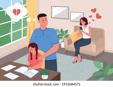 Infidelity problem in family flat color vector illustration. Woman chatting on mobile phone. Jealous husband. Daughter study. Family 2D cartoon characters with home interior on background