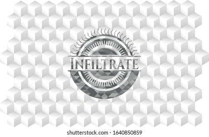 Infiltrate grey badge with geometric cube white background