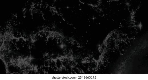 Vista espacial infinita e abstrata com formações dramáticas de nuvens de nebulosas em espiral num céu cósmico sombrio e manchado de estrelas
