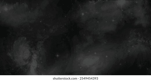 Vista espacial infinita e abstrata com formações dramáticas de nuvens de nebulosas em espiral num céu cósmico sombrio e manchado de estrelas
