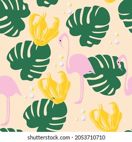 Infinite background vector. seamless with illustrations of tropical flower, pink flamingo and green leaf monstera. for banner, advertising poster, packaging background and greeting card. Color Textile