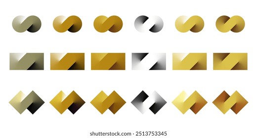 Infinite connect 3d spin logo. 8 square tile or round mobius strip swirl for international tech bank link. Golden color S letter double loop icon. Circle ribbon unlimited swap. Geometric gradient sign