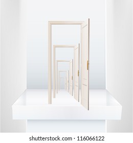 Infinite doors on a shelve. Vector design.