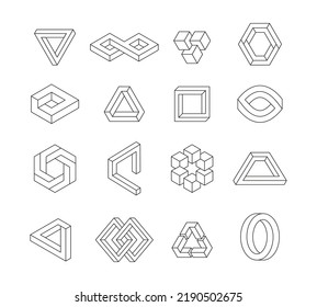 Infinite figures. Abstract impossible geometry graphic design, linear twisted prospective optical illusion. Vector 3D cube triangle and hexagonal shapes collection. Curved geometrical elements