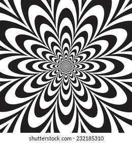 Infinite Flower optical illusion design in black and white.