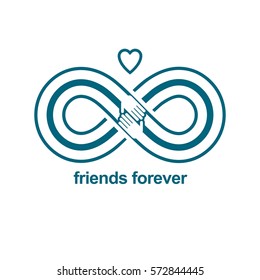 Infinite friendship, friends forever, special vector logo combined with two symbols of eternity loop and human hands.