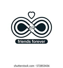 Infinite friendship, friends forever, special vector logo combined with two symbols of eternity loop and human hands.