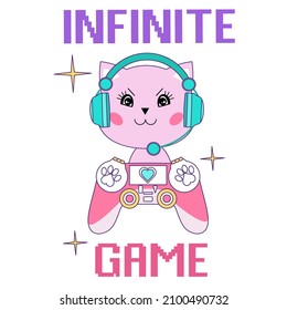 Infinite game cute flat style gamer vector illustration with a cat and game controller. Gamer girl concept for print, textile, t-shirt, party, sticker, poster, kids party etc. Kawaii cat gamer design