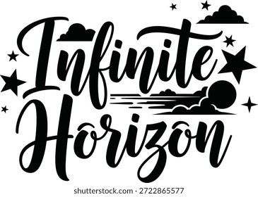 Infinite Horizon Sonne Wellen Pfad Vektor Schwarz Hand gezeichnet Typografie Logo Emblem Badge Symbol Silhouette Vintage Retro Graphic Ocean Sea Future Vision