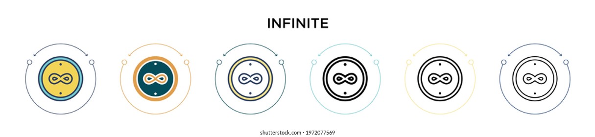 Infinite icon in filled, thin line, outline and stroke style. Vector illustration of two colored and black infinite vector icons designs can be used for mobile, ui, web