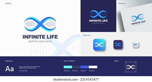 Infinite Life DNA Spiral Abstract Vector Logo Template. Technology Medicine and Biotechnology Gradient Limitless Emblem. Identity Guide with Typography mockup and app icons background layout. Isolated