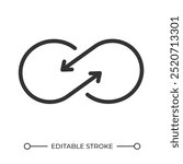 Infinite loop linear icon. Ongoing process. Seamless integration. Continuous cycle. Arrows as infinity symbol. Thin line illustration. Contour symbol. Vector outline drawing. Editable stroke