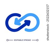 Infinite loop RGB color icon. Ongoing process. Seamless integration. Continuous cycle. Arrows as infinity symbol. Isolated vector illustration. Simple filled line drawing. Editable stroke