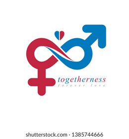 Infinite Love concept, vector symbol created with infinity sign and male Mars an female Venus signs. Relationship creative idea.