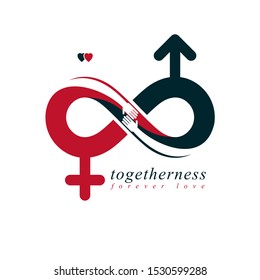 Infinite Love concept, vector symbol created with infinity sign and male Mars an female Venus signs. Relationship creative idea.