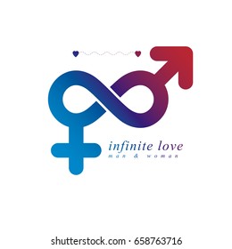 Infinite Love concept, vector symbol created with infinity sign and male Mars an female Venus signs. Relationship creative idea.