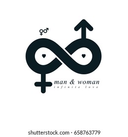 Infinite Love concept, vector symbol created with infinity sign and male Mars an female Venus signs. Relationship creative idea.