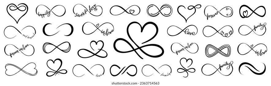 Infinite love line symbols with heart icon. Love heart in symbol of infinity. Infinite love symbol collection for family, wedding, love story. Hand drawn infinite heart icons