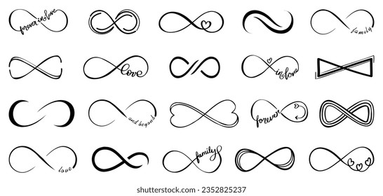 Infinite love symbol collection for family, wedding, love story. Hand drawn infinite heart icons. Endless love symbol with infinity icons
