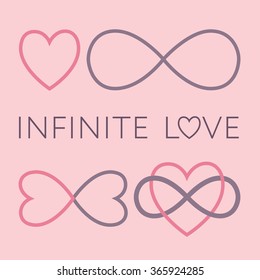 Infinite love symbol set, endless love sign, two hearts, vector illustration