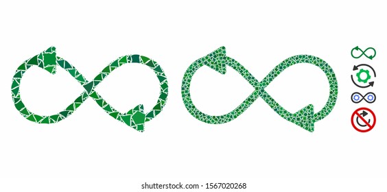 Infinite motion composition of inequal items in various sizes and color tones, based on infinite motion icon. Vector inequal items are grouped into collage.