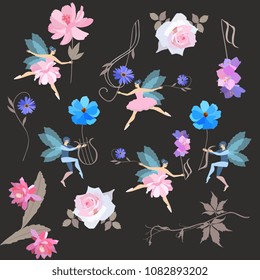 Infinite musical magic pattern. Winged fairies in ballet tutus and elves dance with beautiful garden flowers, treble clef and lyre isolated on black background. Vector illustration.