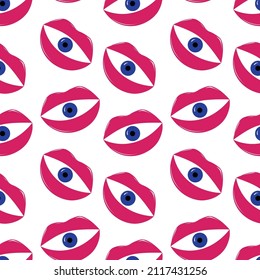 Patrón infinito. Hermosos labios. Abstracción con labios y ojos. Surrealismo. Abstracción. Ilustraciones inusuales.