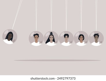 The Infinite Pendulum of Humanity, Six diverse individuals are trapped in a perpetual motion of a Newton cradle, symbolizing the cycle of life and human connection