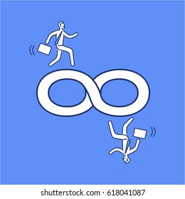 Infinite run. Vector business illustration of businessman running on infinity sign | modern flat design linear concept icon and infographic on blue background