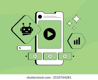 Rolagem infinita para detecção de conteúdo de vídeo sem fim. A curadoria algorítmica de conteúdo mantém os usuários engajados, fornecendo feeds personalizados e atualizações contínuas em plataformas sociais. Ilustração vetorial
