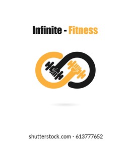 Infinite sign and dumbbell icon.Infinite,Fitness and gym logo.Healthcare,sport,medical and science symbol.Healthy lifestyle vector logo template.Vector illustration